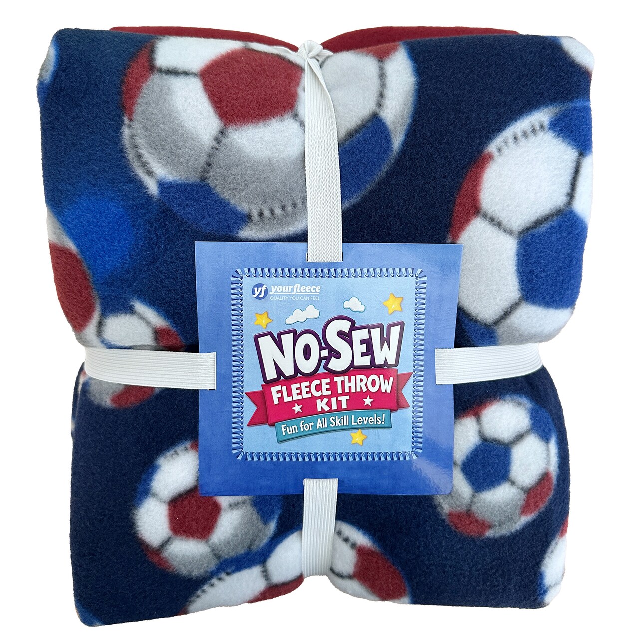 Soccer Balls Navy Anti-Pill Premium No Sew Throw Fleece Fabric Kit (Red Backing)